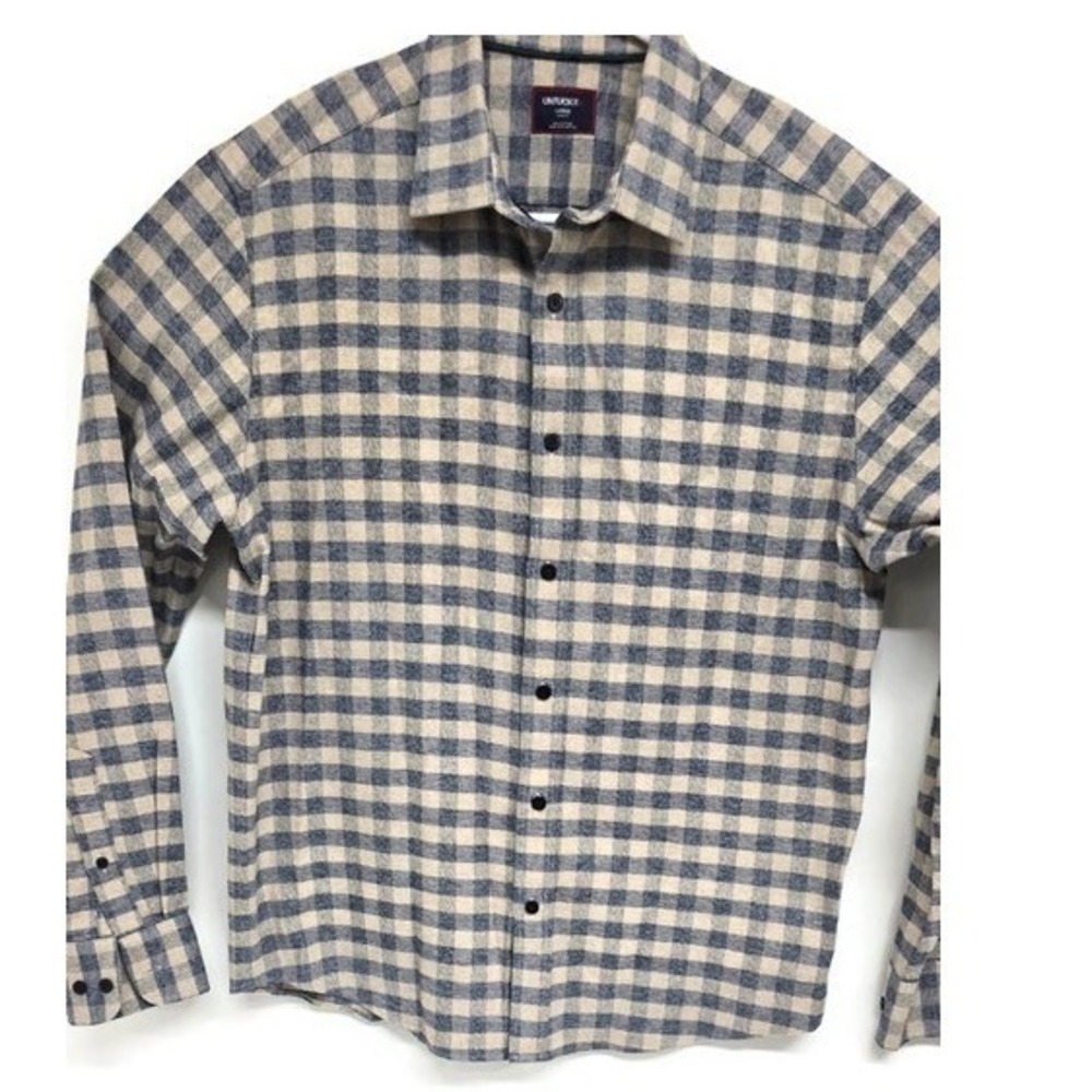 UNTUCKit Mueller Slim Fit Flannel Shirt Blue Tan Gingham Plaid Mens Large 41656